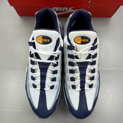 Nike Air Max 95 white trainers with midnight navy and laser orange accents.