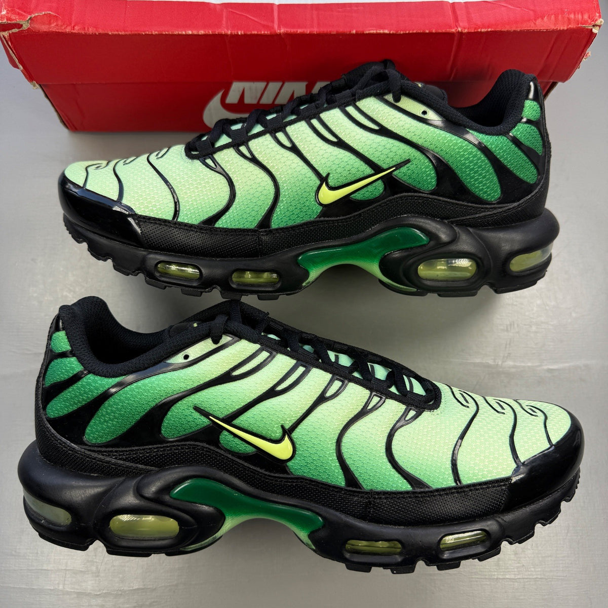 Nike Air Max Plus TN green trainers with logo detailing and mesh material.