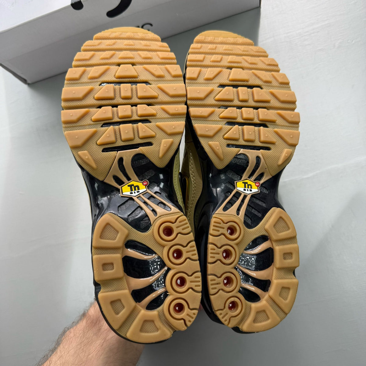 Nike Air Max Plus TN beige trainers with iconic logo and textured upper design.
