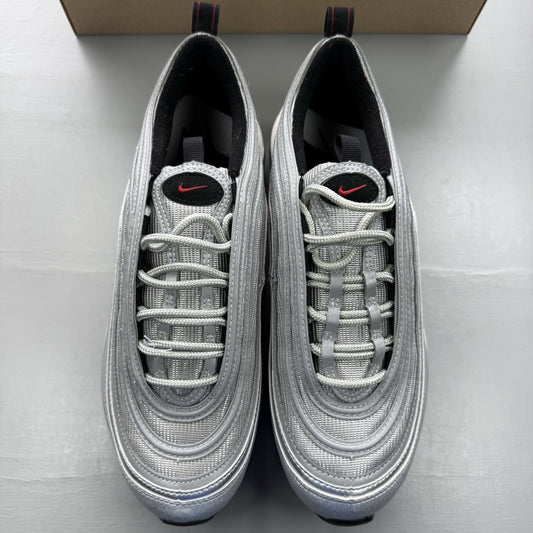 Nike Air Max 97 silver trainers with metallic finish and signature swoosh logo.