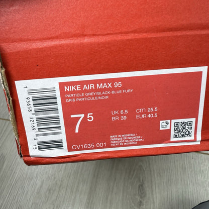 Nike Air Max 95 trainers grey with aqua blue accents and retro logo details.