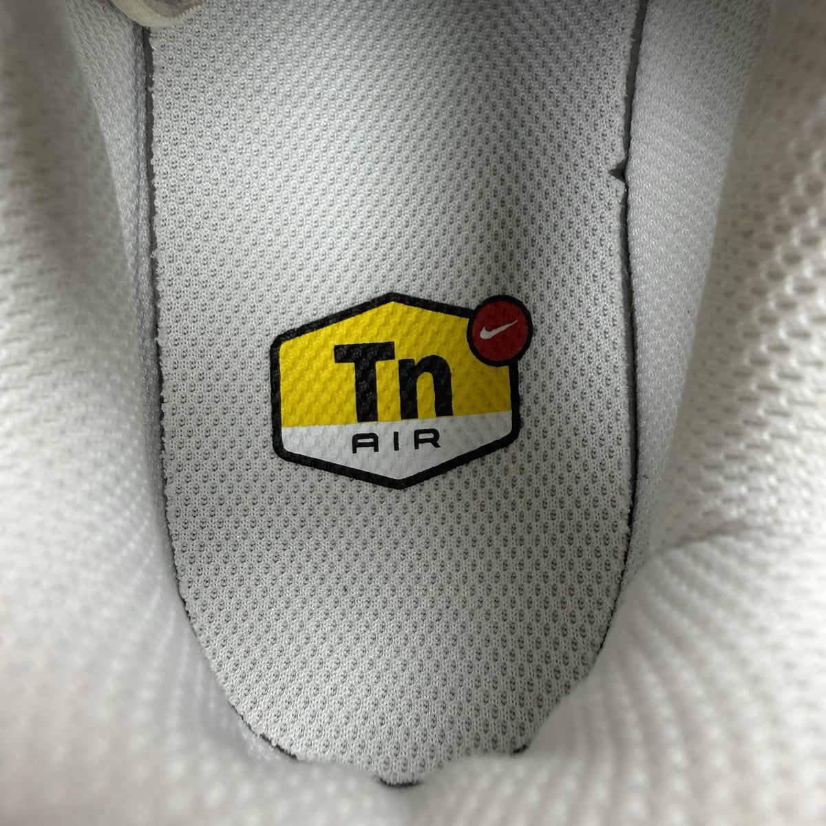 Nike Air Max Plus TN ESS trainers white with black accents and signature swoosh logo.