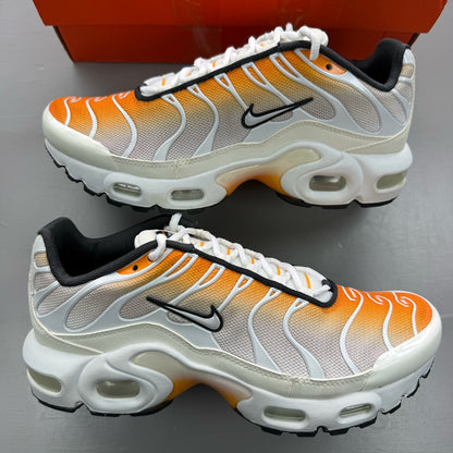Nike Air Max Plus TN white trainers with orange accents and grey detailing.
