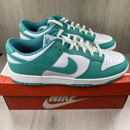 Nike Dunk Low trainers white with clear jade accents and signature swoosh logo.