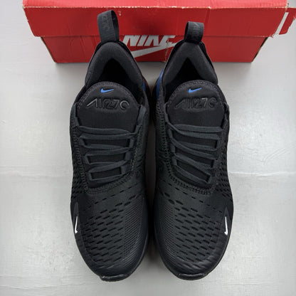 Nike Air Max 270 black trainers with multi-swoosh logo and Marina Blue accents.