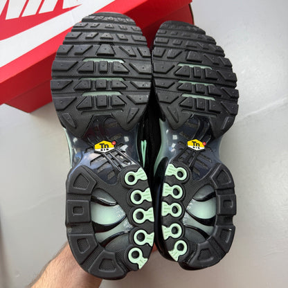Nike Air Max Plus TN black trainers with mint green accents and signature logo.