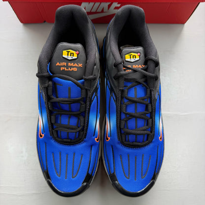 Nike Air Max Plus TN 3 blue trainers with black accents and iconic swoosh logo.