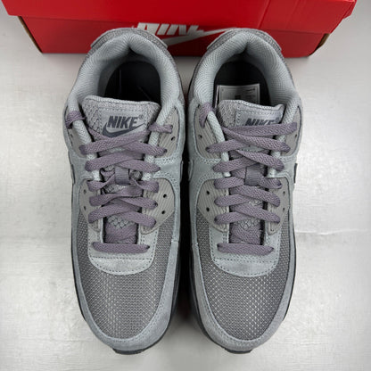 Nike Air Max 90 Tech grey trainers with blue accents and logo detail.