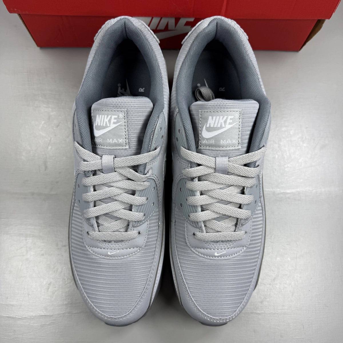 Nike Air Max 90 grey trainers with logo and mesh detailing, size UK 9.