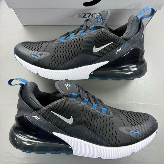 Nike Air Max 270 grey sneakers with anthracite and industrial blue accents.