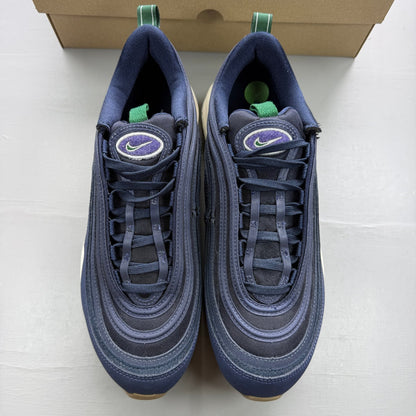 Nike Air Max 97 blue trainers with obsidian and gorge green accents, mesh and leather material.