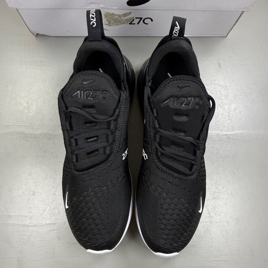 Nike Air Max 270 black running trainers with white accents and logo detail.