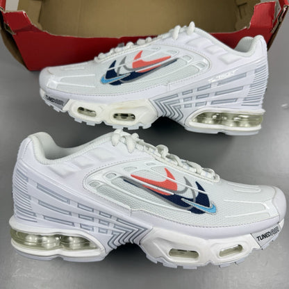 Nike Air Max Plus 3 white trainers with multi Swoosh logo and breathable mesh upper.
