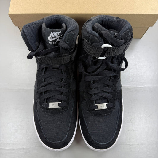Nike Air Force 1 High black trainers with white logo and durable leather material.