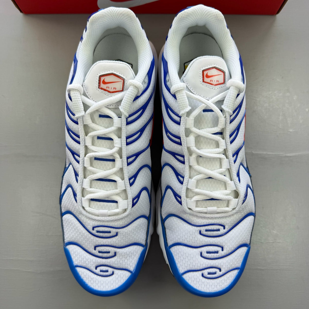 Nike Air Max Plus TN white trainers with blue accents and signature logo.