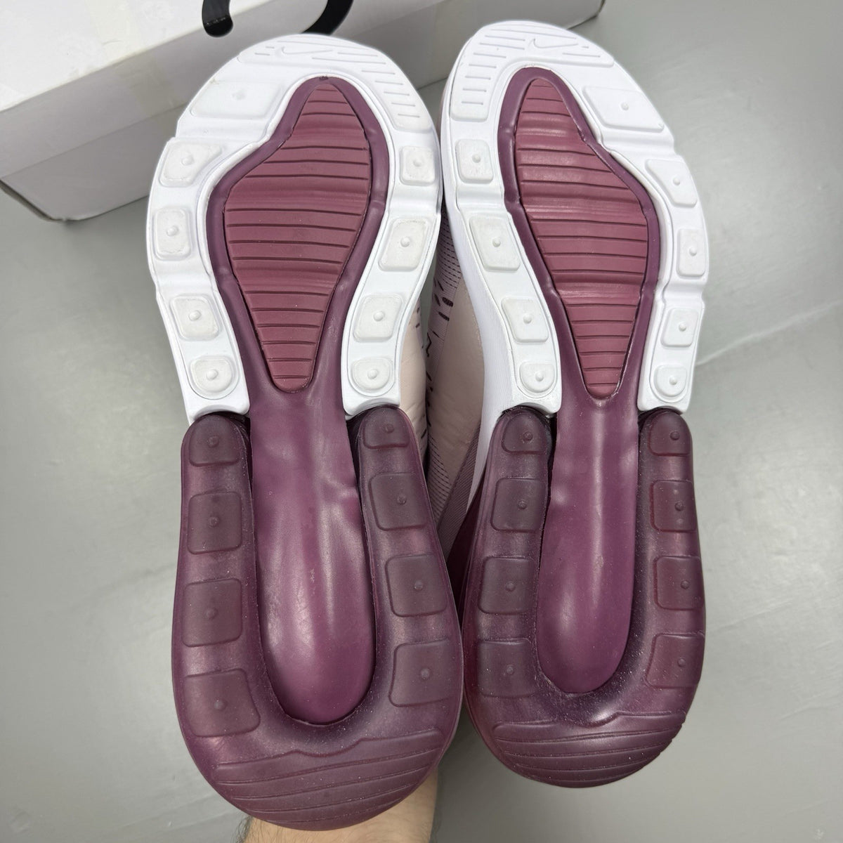Nike Air Max 270 pink trainers with vintage wine accents and white sole.