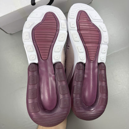 Nike Air Max 270 pink trainers with vintage wine accents and white sole.