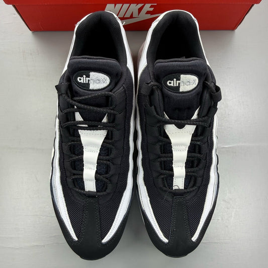 Nike Air Max 95 black trainers with grey and white accents, featuring iconic logo.