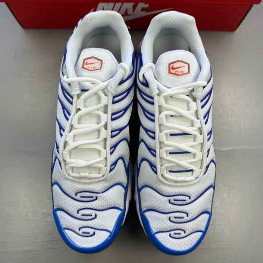 Nike Air Max Plus TN white trainers with blue accents and signature logo details.
