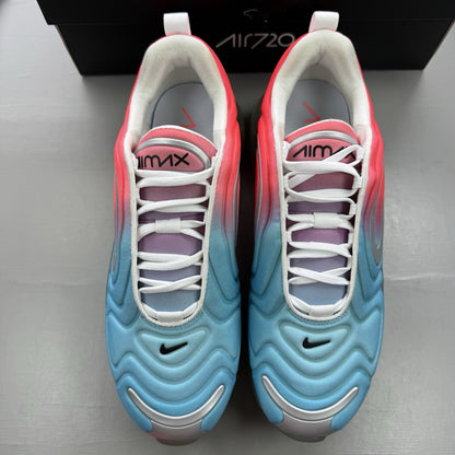 Nike Air Max 720 trainers blue with pink and lava glow accents, mesh upper.