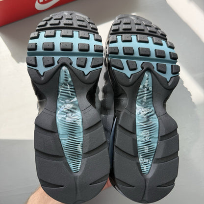 Nike Air Max 95 OG trainers grey with teal accents and big bubble sole.