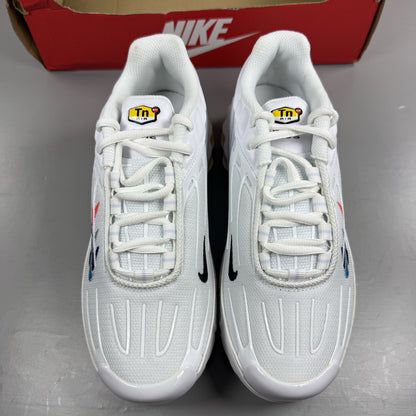 Nike Air Max Plus 3 white trainers with multi Swoosh logo and breathable mesh upper.