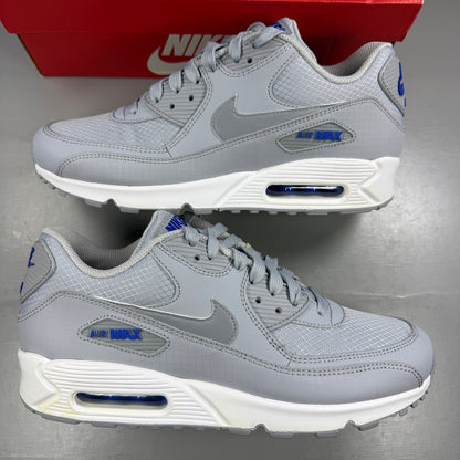 Nike running shoes grey mesh upper with white accents and signature swoosh logo.