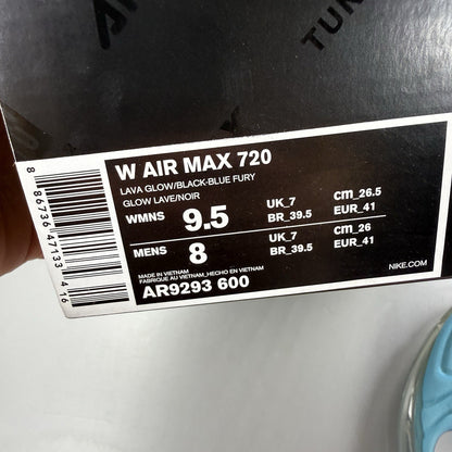 Nike Air Max 720 trainers blue with pink and lava glow accents, mesh upper.