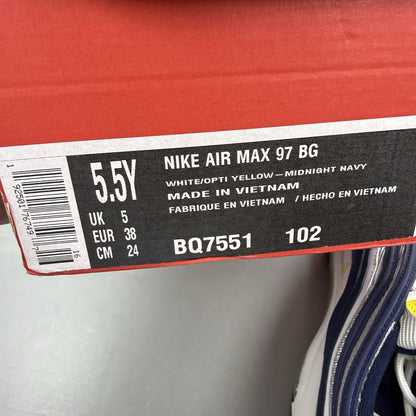 Nike Air Max 97 dark blue trainers with opti yellow and white accents, logo detail.