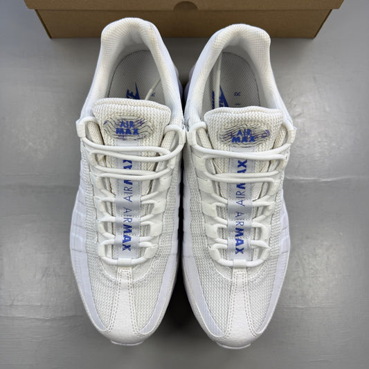 Nike trainers white with comet blue accents and distinctive Air Max 95 silhouette.