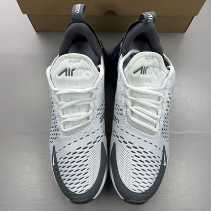 Nike Air Max 270 white trainers with Persian Violet accents and logo detail.