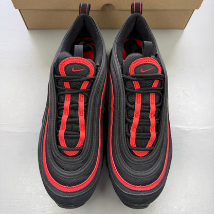 Nike Air Max 97 black trainers with red accents and signature logo details.