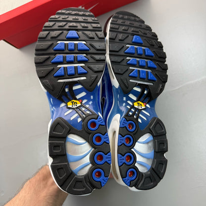 Nike Air Max Plus TN blue trainers with distinctive wave pattern and logo.