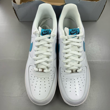 Nike Air Force 1 trainers white with marina blue and dark obsidian accents.
