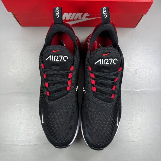 Nike running shoes black with university red accents and white sole, featuring Air Max cushioning.