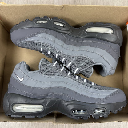 Nike Air Max 95 trainers grey with black accents and textured material.