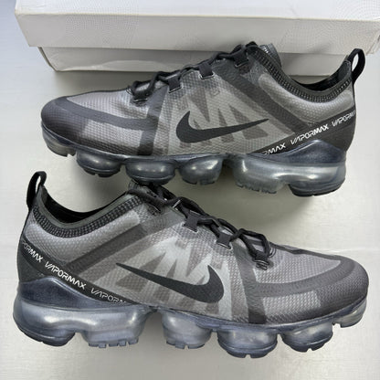 Nike Air VaporMax 2019 black trainers with grey accents and transparent sole design.