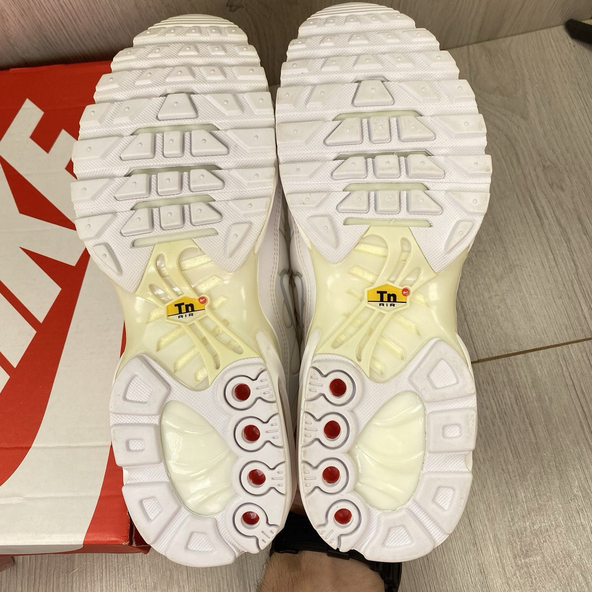 Nike Air Max Plus TN trainers white with silver accents and visible logo.