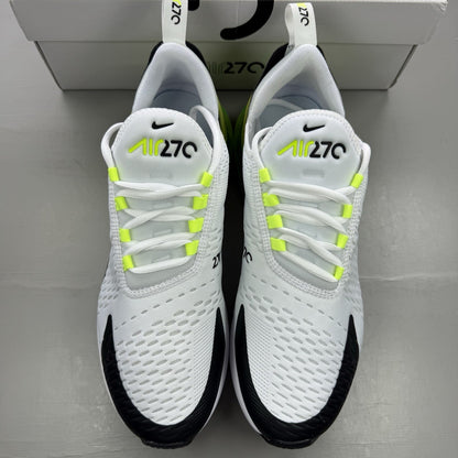 Nike Air Max 270 black trainers with white and volt green accents, mesh material.