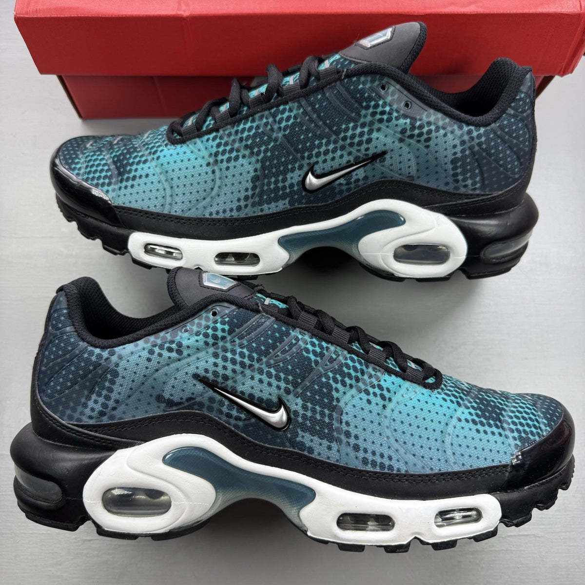 Nike Air Max Plus TN black with dusty cactus dot pattern and signature logo.