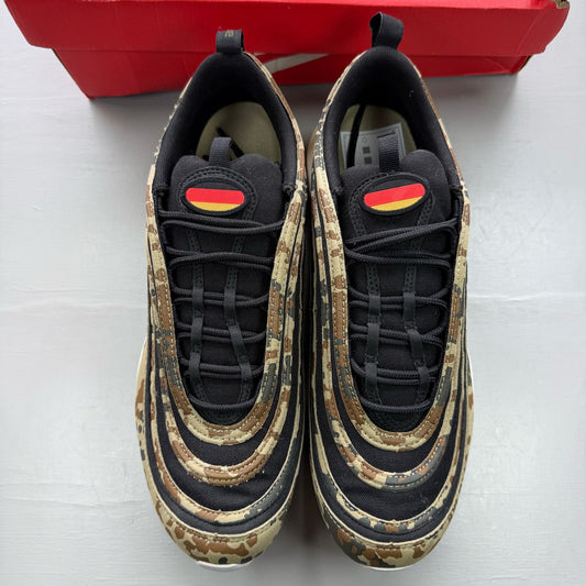 Nike black Air Max 97 trainers with country camo pattern and logo details.