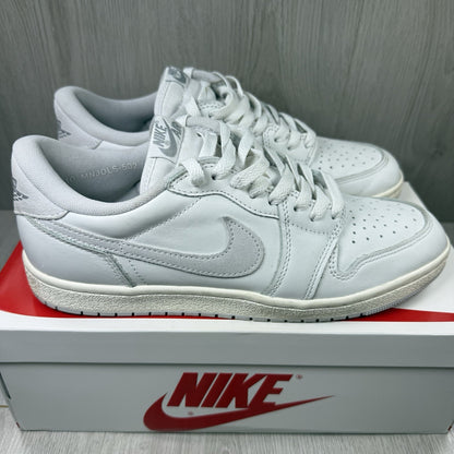 Nike Air Jordan 1 Low 85 grey trainers with white accents and iconic swoosh logo.