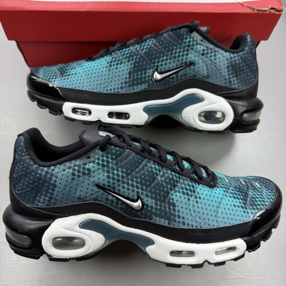 Nike Air Max Plus TN black with dusty cactus dot pattern and signature logo.