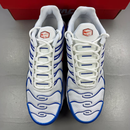 Nike running shoes white with blue accents and signature swoosh logo.