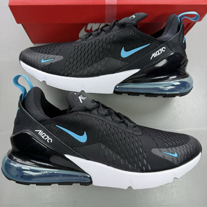 Nike Air Max 270 black trainers with light blue accents and white sole.