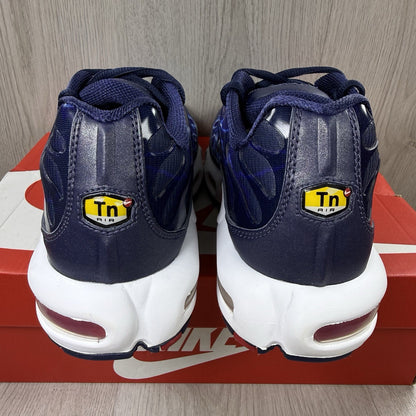 Nike Air Max Plus trainers blue with unique lightning pattern and signature logo.