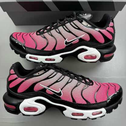 Nike Air Max Plus TN pink trainers with sunset gradient and signature swoosh logo.