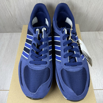 Adidas blue LA Trainers with white stripes and logo detailing on the side.