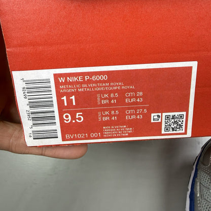 Nike P-6000 trainers white with laser blue and silver accents, mesh material, logo detail.