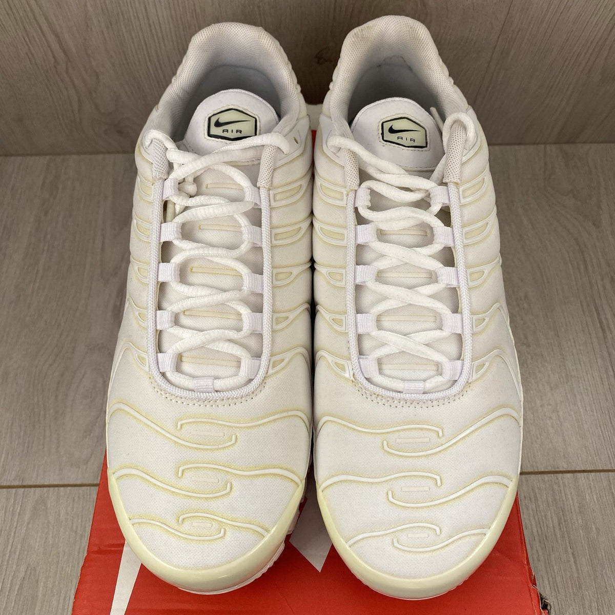 Nike Air Max Plus TN trainers white with silver accents and visible logo.